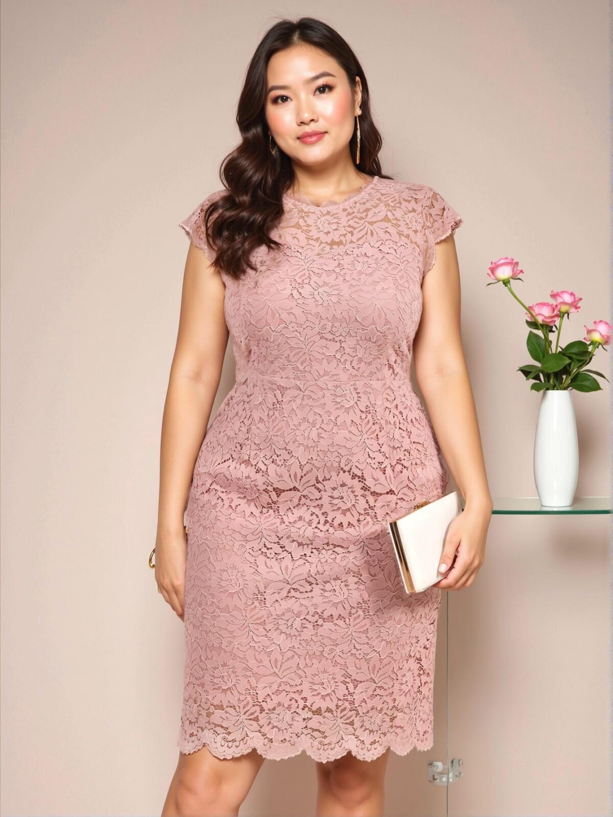 Elegant Baby Pink Fitted Floral Lace Scallop Trim Midi Dress for Spring and Summer - Chic, Classy and Trendy Fashion Style to Dress to Impress