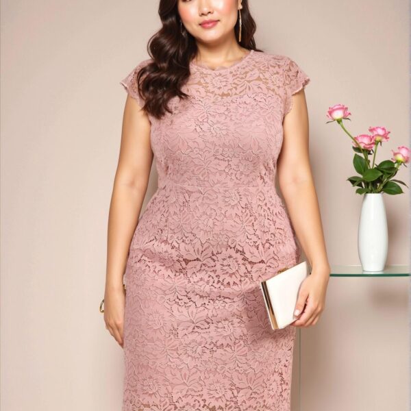 Elegant Baby Pink Fitted Floral Lace Scallop Trim Midi Dress for Spring and Summer - Chic, Classy and Trendy Fashion Style to Dress to Impress