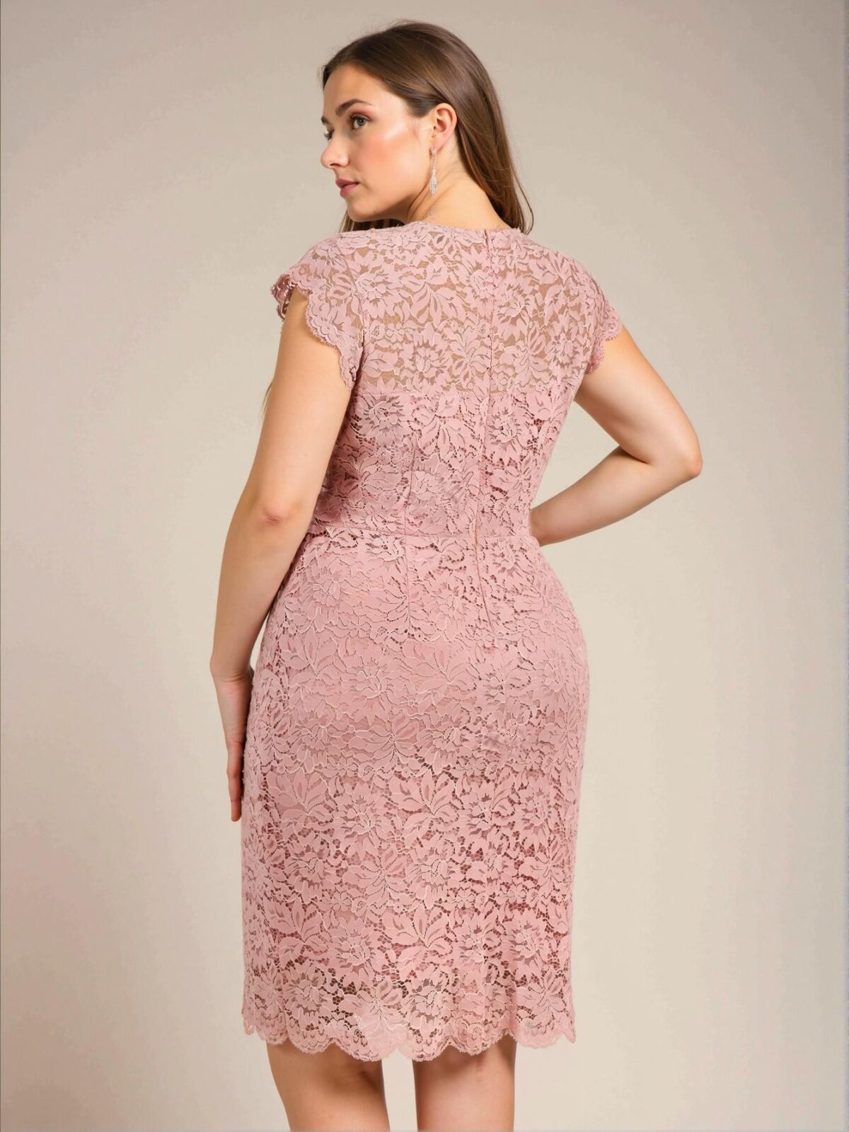 Elegant Baby Pink Fitted Floral Lace Scallop Trim Midi Dress for Spring and Summer - Chic, Classy and Trendy Fashion Style to Dress to Impress - Image 2