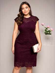 Elegant Burgundy Fitted Lace Midi Dress with Scallop Trim for Spring and Summer - Chic, Classy and Trendy Fashion Style to Dress to Impress