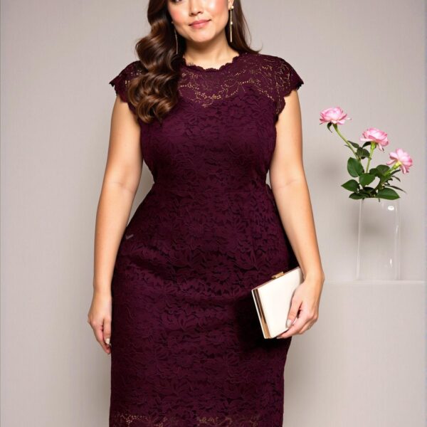 Elegant Burgundy Fitted Lace Midi Dress with Scallop Trim for Spring and Summer - Chic, Classy and Trendy Fashion Style to Dress to Impress