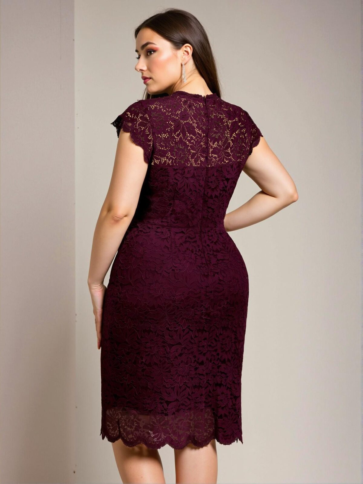 Elegant Burgundy Fitted Lace Midi Dress with Scallop Trim for Spring and Summer - Chic, Classy and Trendy Fashion Style to Dress to Impress - Image 2