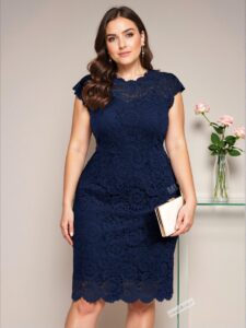 Elegant Navy Blue Fitted Floral Lace Midi Dress with Scalloped Trim for Spring and Summer Chic, Classy and Trendy Fashion Style to Dress to Impress
