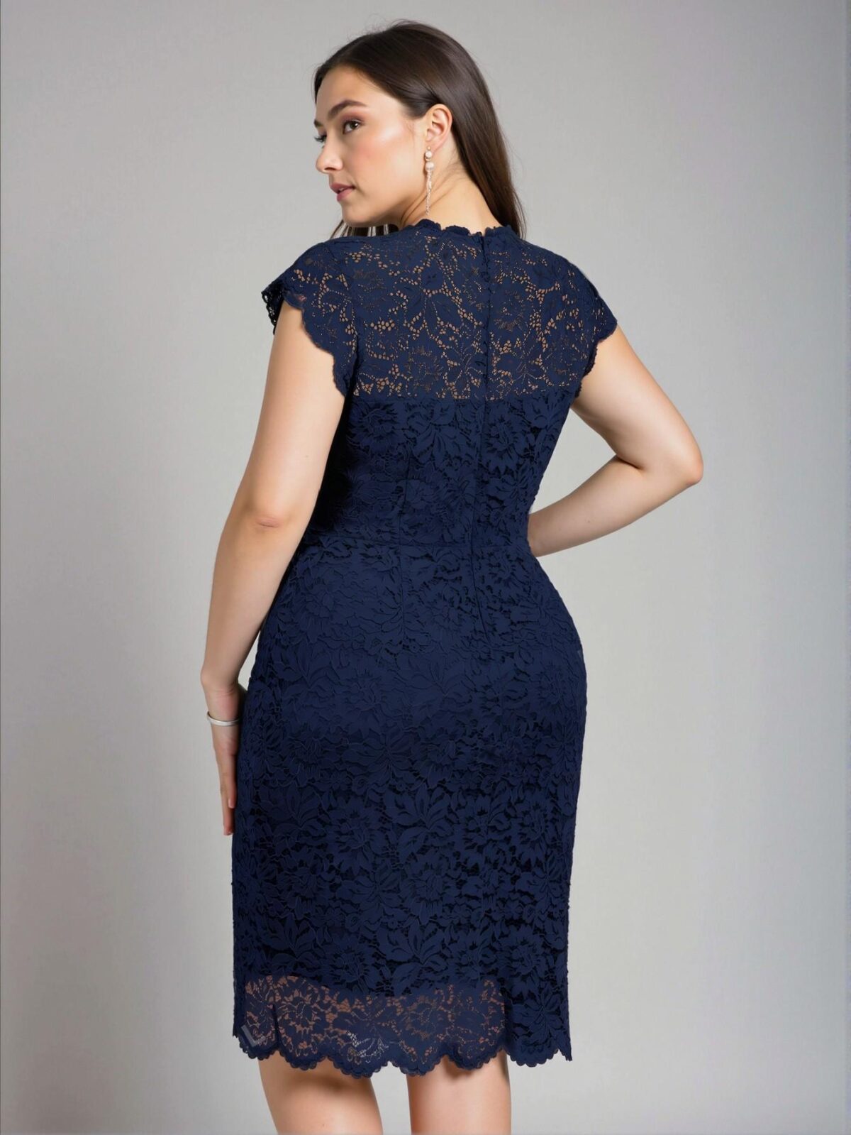 Elegant Navy Blue Fitted Floral Lace Midi Dress with Scalloped Trim for Spring and Summer Chic, Classy and Trendy Fashion Style to Dress to Impress - Image 2