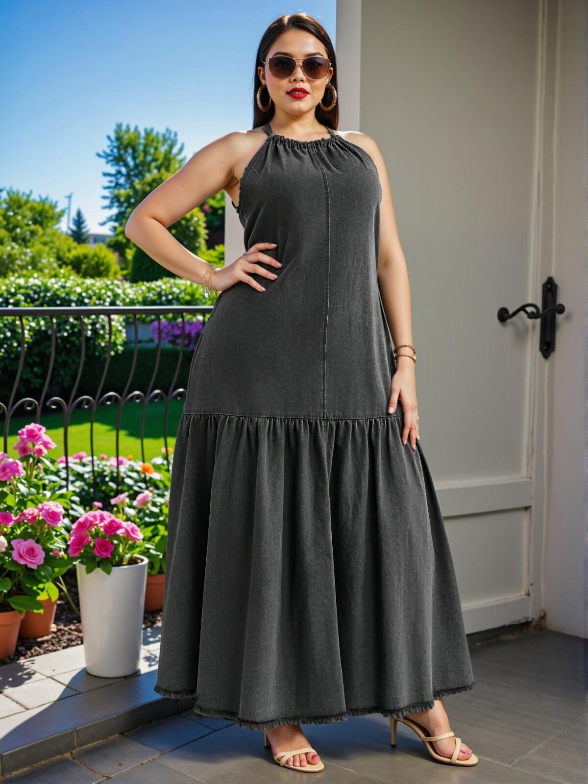 Elegant Black Flared Hem Casual Halter Neck Loose Denim Midi Dress with Ruffle Details for Women’s Summer Festivities and Beach Vacations - Chic, Classy and Trendy Fashion Style to Dress to Impress - Image 3