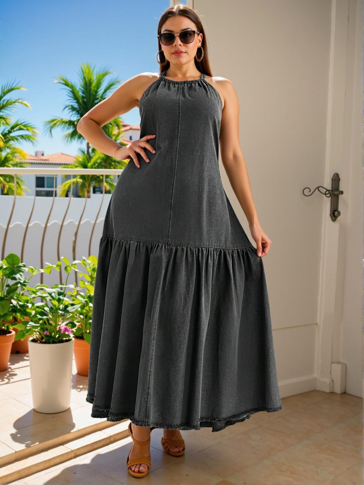 Elegant Black Flared Hem Casual Halter Neck Loose Denim Midi Dress with Ruffle Details for Women’s Summer Festivities and Beach Vacations - Chic, Classy and Trendy Fashion Style to Dress to Impress - Image 4