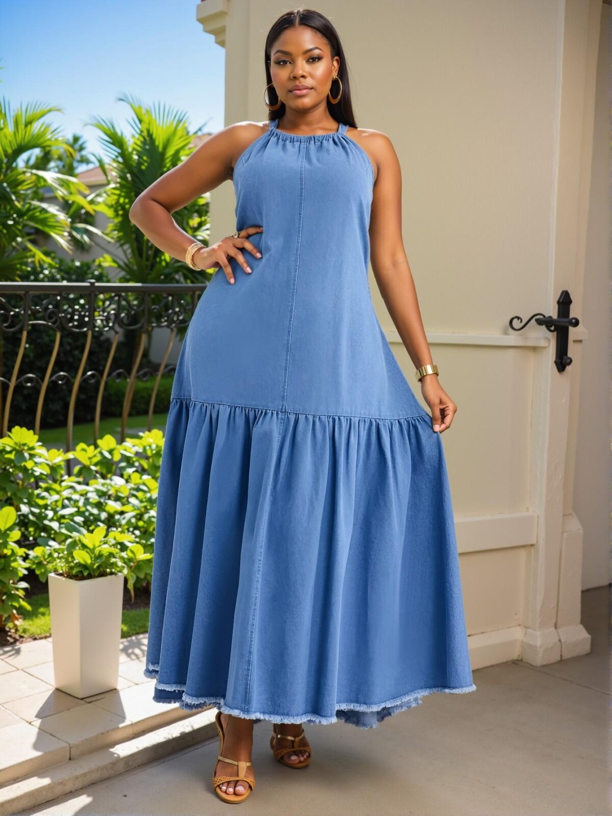 Elegant Blue Back Tie Ruched Sleeveless Casual Denim Midi Dress for Summer Vacations and Festivals - Chic, Classy and Trendy Fashion Style to Dress to Impress - Image 3
