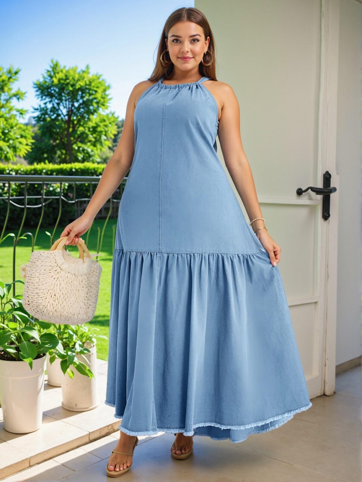 Elegant Light Wash Flounce Hem Spaghetti Strap Mini Dress for Plus Size Women in a Casual & Chic Summer Style with Boho Vibes Perfect for Festivals and Beach Vacations, "Chic, Classy and Trendy Fashion Style to Dress to Impress"