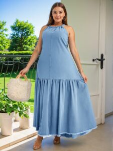 Elegant Light Wash Flounce Hem Spaghetti Strap Mini Dress for Plus Size Women in a Casual & Chic Summer Style with Boho Vibes Perfect for Festivals and Beach Vacations, "Chic, Classy and Trendy Fashion Style to Dress to Impress"