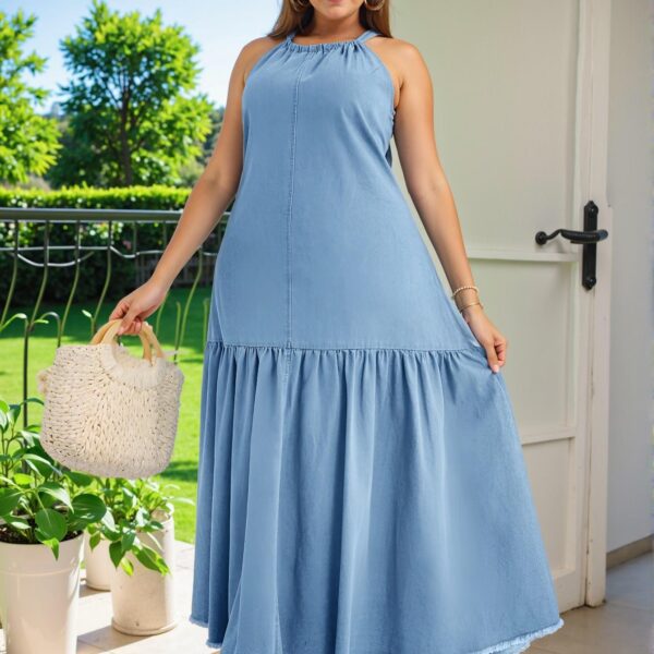 Elegant Light Wash Flounce Hem Spaghetti Strap Mini Dress for Plus Size Women in a Casual & Chic Summer Style with Boho Vibes Perfect for Festivals and Beach Vacations, "Chic, Classy and Trendy Fashion Style to Dress to Impress"