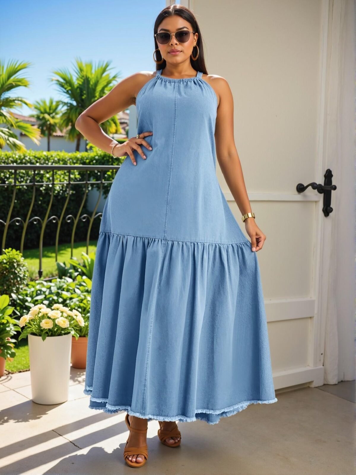 Elegant Light Wash Flounce Hem Spaghetti Strap Mini Dress for Plus Size Women in a Casual & Chic Summer Style with Boho Vibes Perfect for Festivals and Beach Vacations, "Chic, Classy and Trendy Fashion Style to Dress to Impress" - Image 3
