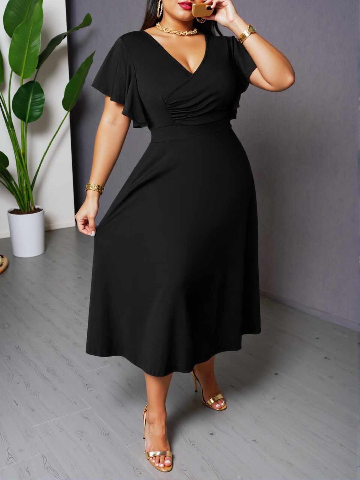Elegant Black Ruched A-Line Midi Dress with Cross Neck and Ruffle Sleeves for Graduation and Casual Wear - Chic, Classy and Trendy Fashion Style to Dress to Impress