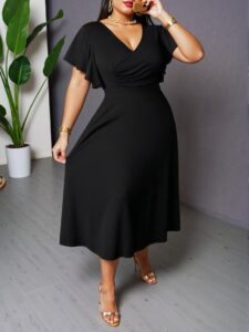Elegant Black Ruched A-Line Midi Dress with Cross Neck and Ruffle Sleeves for Graduation and Casual Wear - Chic, Classy and Trendy Fashion Style to Dress to Impress