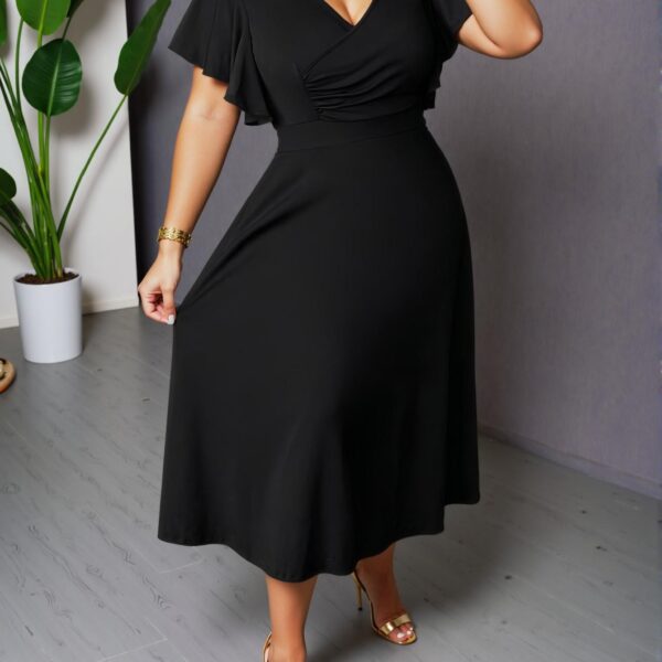 Elegant Black Ruched A-Line Midi Dress with Cross Neck and Ruffle Sleeves for Graduation and Casual Wear - Chic, Classy and Trendy Fashion Style to Dress to Impress
