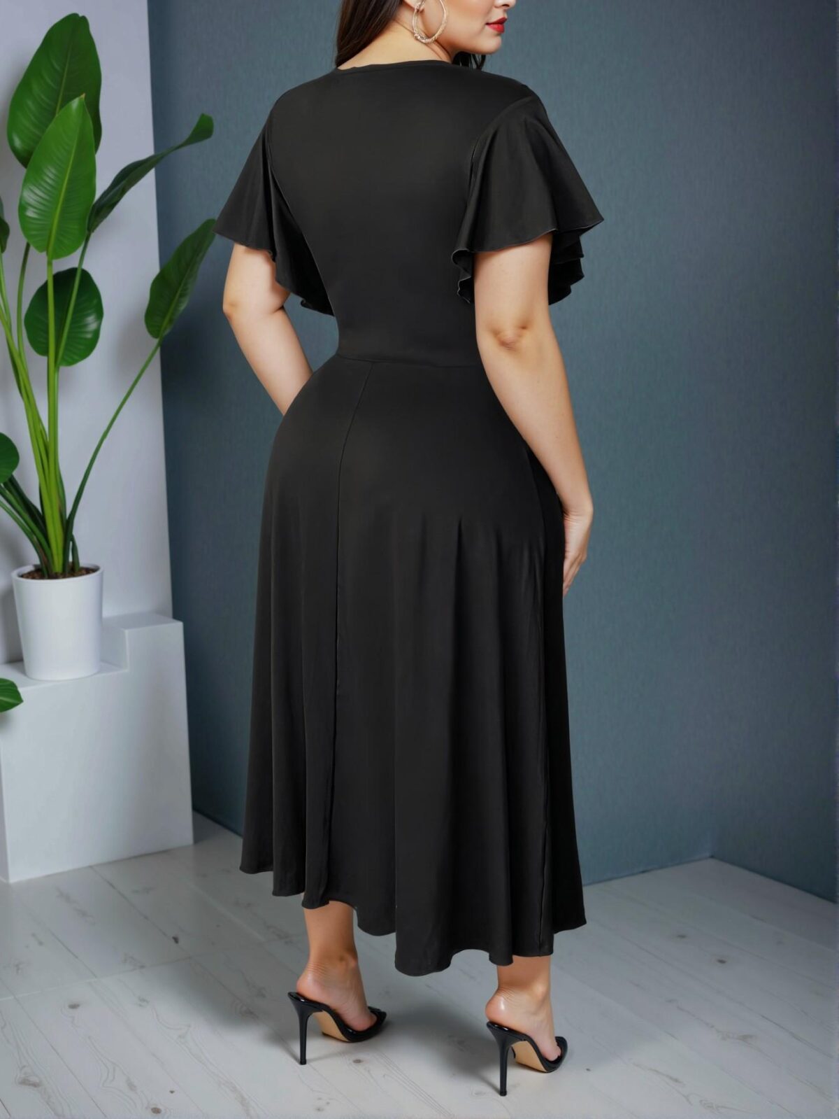 Elegant Black Ruched A-Line Midi Dress with Cross Neck and Ruffle Sleeves for Graduation and Casual Wear - Chic, Classy and Trendy Fashion Style to Dress to Impress - Image 2