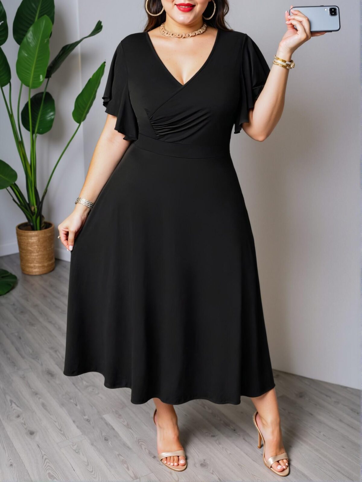 Elegant Black Ruched A-Line Midi Dress with Cross Neck and Ruffle Sleeves for Graduation and Casual Wear - Chic, Classy and Trendy Fashion Style to Dress to Impress - Image 3