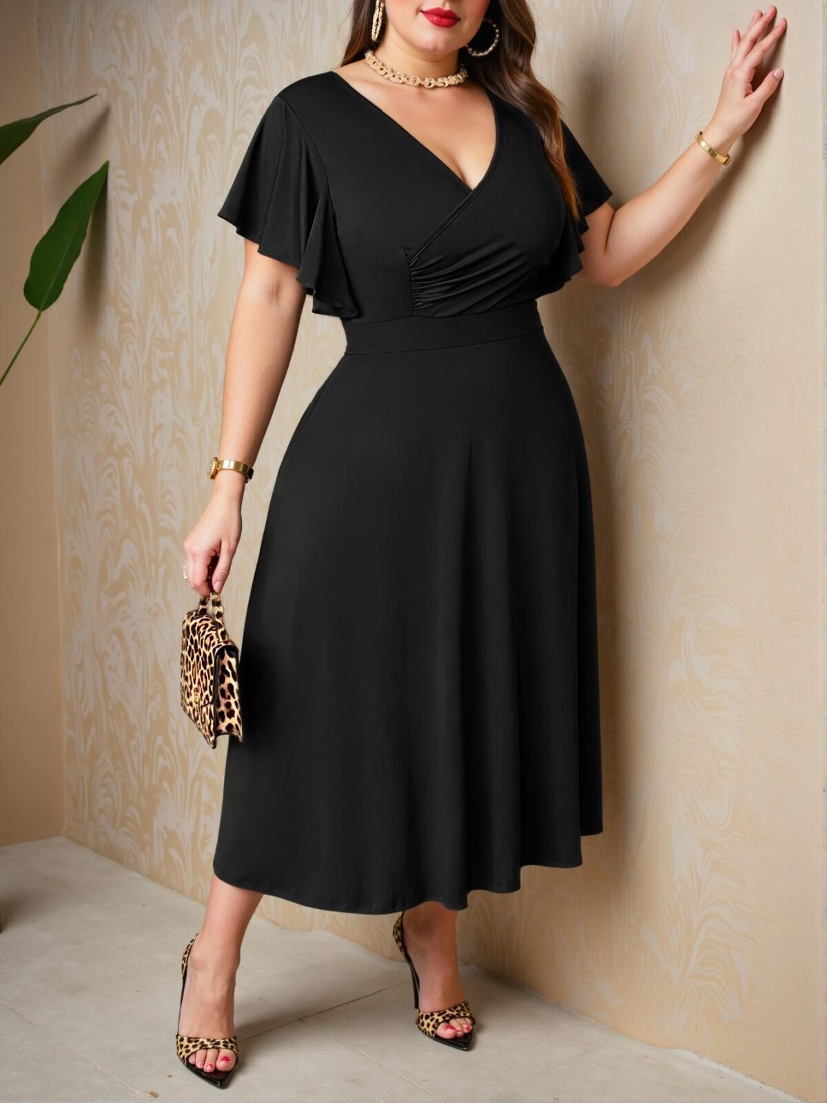 Elegant Black Ruched A-Line Midi Dress with Cross Neck and Ruffle Sleeves for Graduation and Casual Wear - Chic, Classy and Trendy Fashion Style to Dress to Impress - Image 4