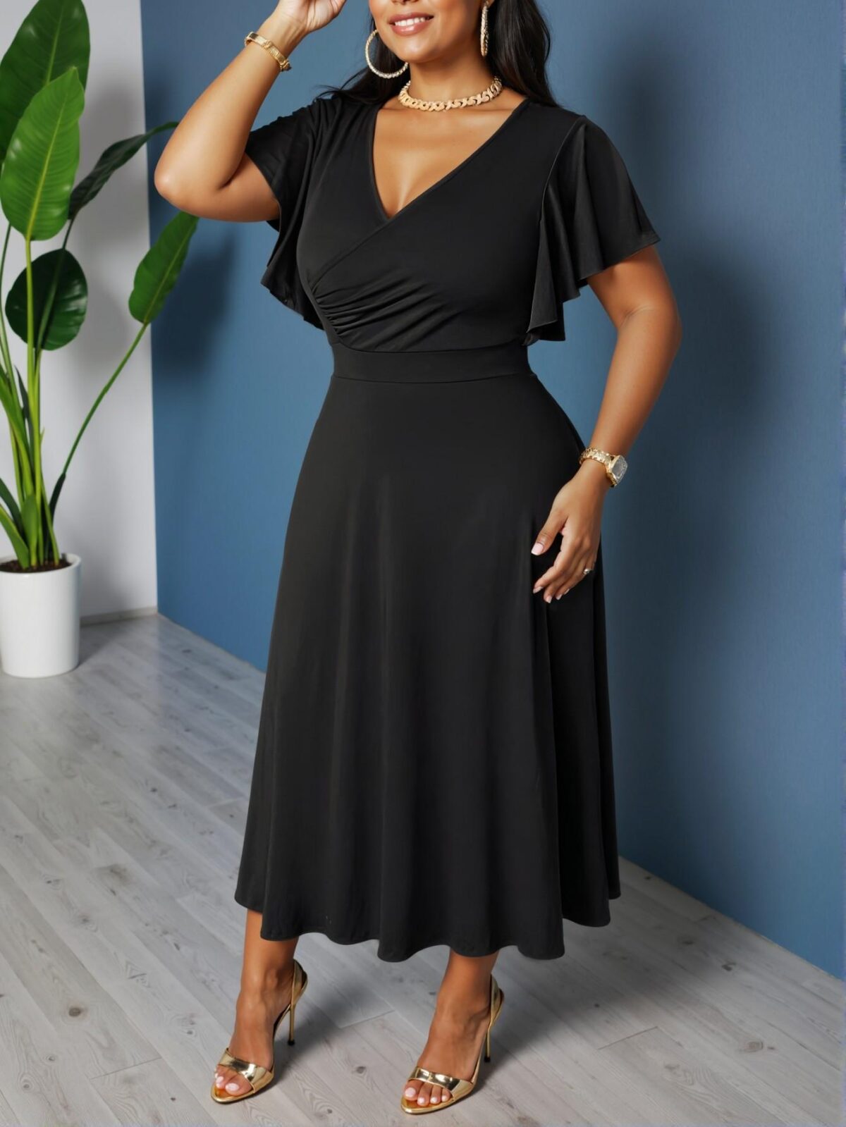 Elegant Black Ruched A-Line Midi Dress with Cross Neck and Ruffle Sleeves for Graduation and Casual Wear - Chic, Classy and Trendy Fashion Style to Dress to Impress - Image 5