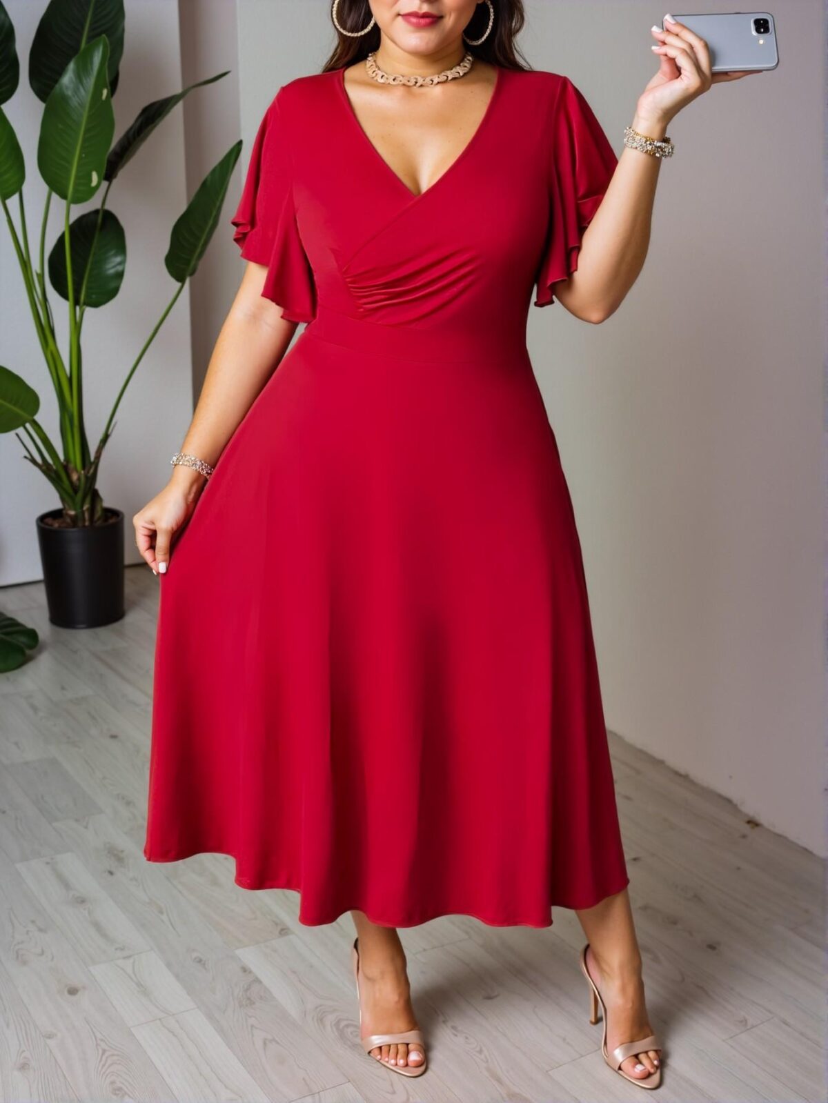 Elegant Red Flared A-Line Midi Dress with Cross Neckline and Ruffled Sleeves for Spring and Summer - Chic, Classy and Trendy Fashion Style to Dress to Impress