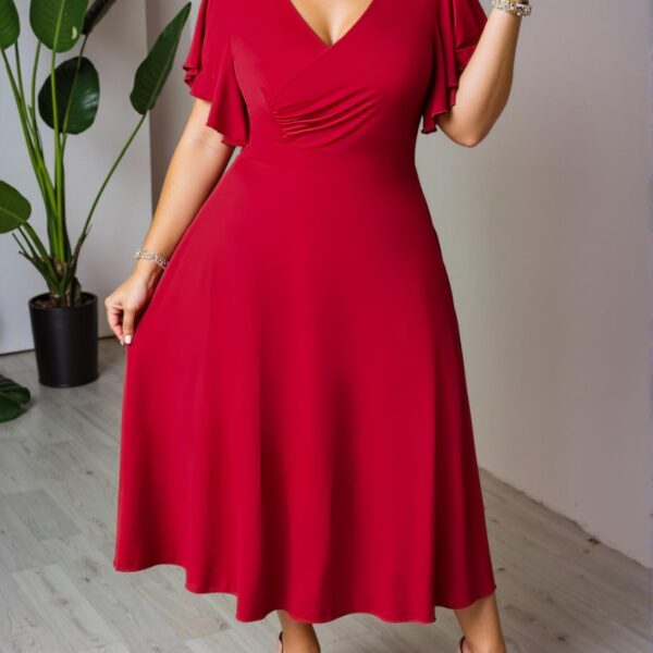Elegant Red Flared A-Line Midi Dress with Cross Neckline and Ruffled Sleeves for Spring and Summer - Chic, Classy and Trendy Fashion Style to Dress to Impress
