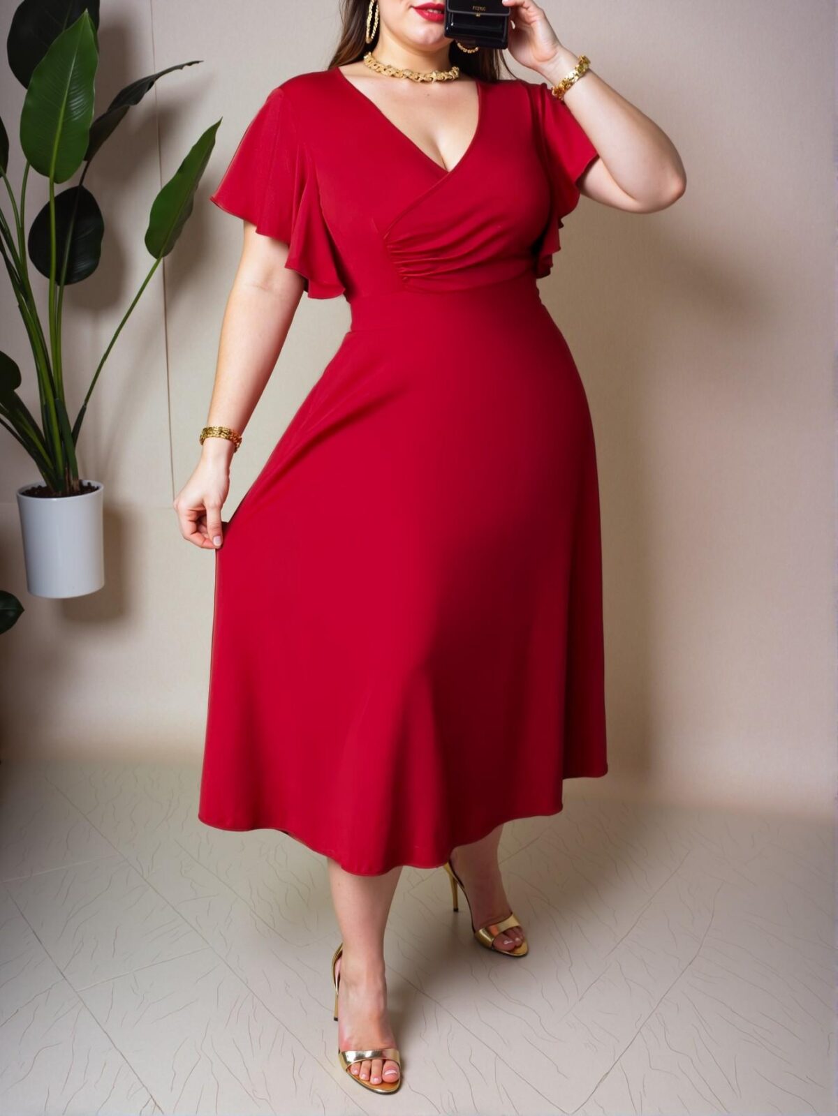 Elegant Red Flared A-Line Midi Dress with Cross Neckline and Ruffled Sleeves for Spring and Summer - Chic, Classy and Trendy Fashion Style to Dress to Impress - Image 2