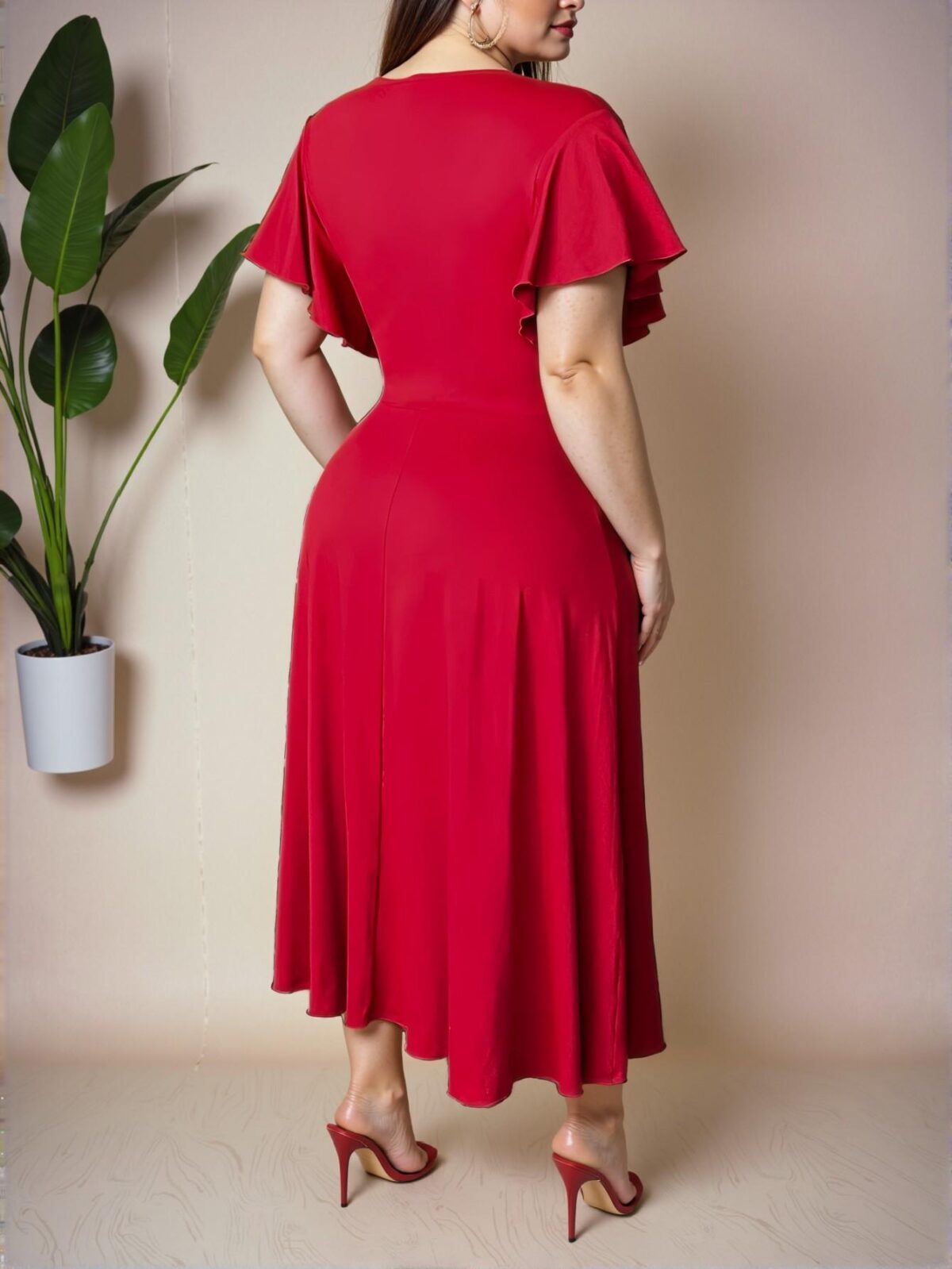 Elegant Red Flared A-Line Midi Dress with Cross Neckline and Ruffled Sleeves for Spring and Summer - Chic, Classy and Trendy Fashion Style to Dress to Impress - Image 3