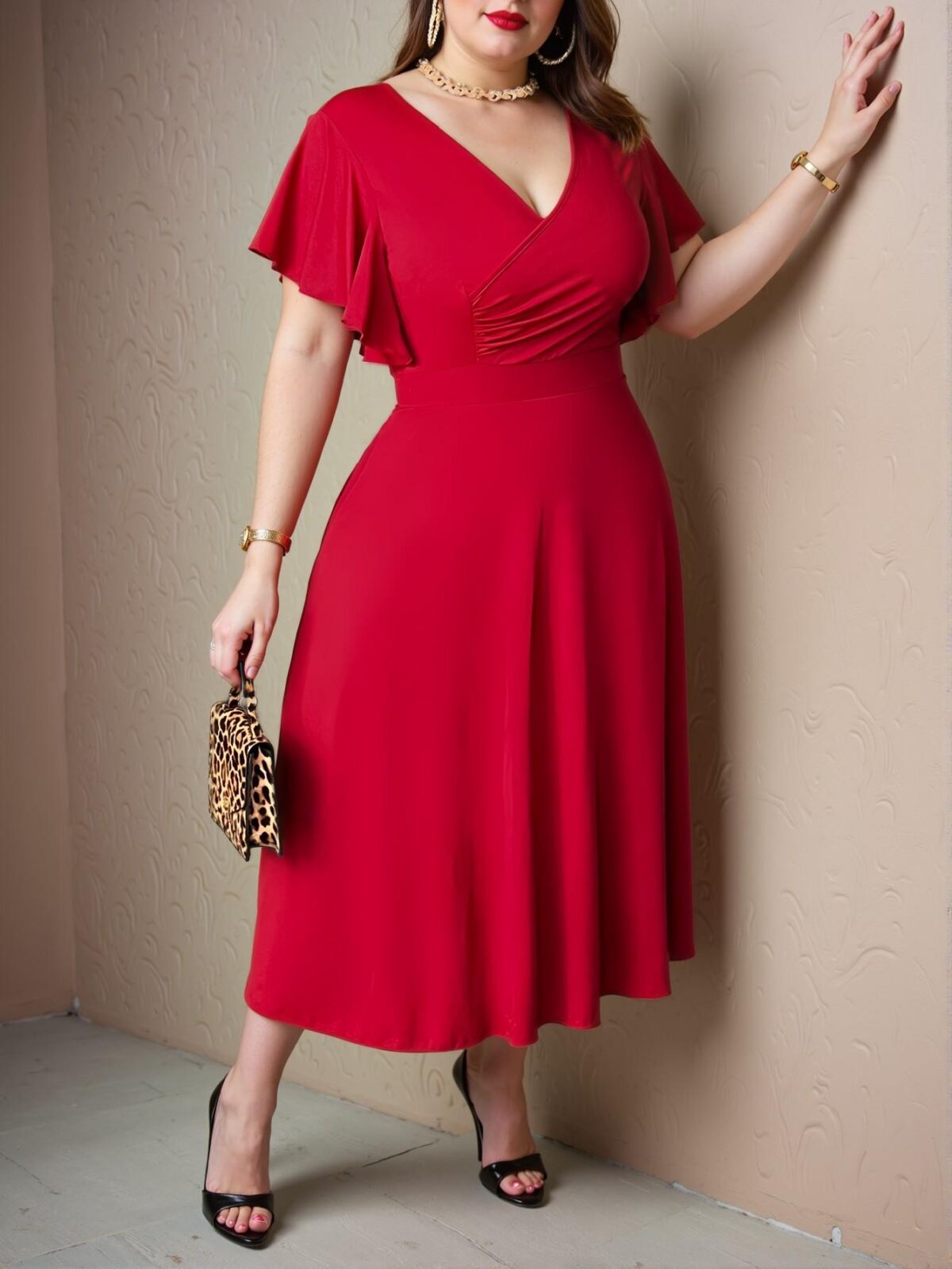 Elegant Red Flared A-Line Midi Dress with Cross Neckline and Ruffled Sleeves for Spring and Summer - Chic, Classy and Trendy Fashion Style to Dress to Impress - Image 4