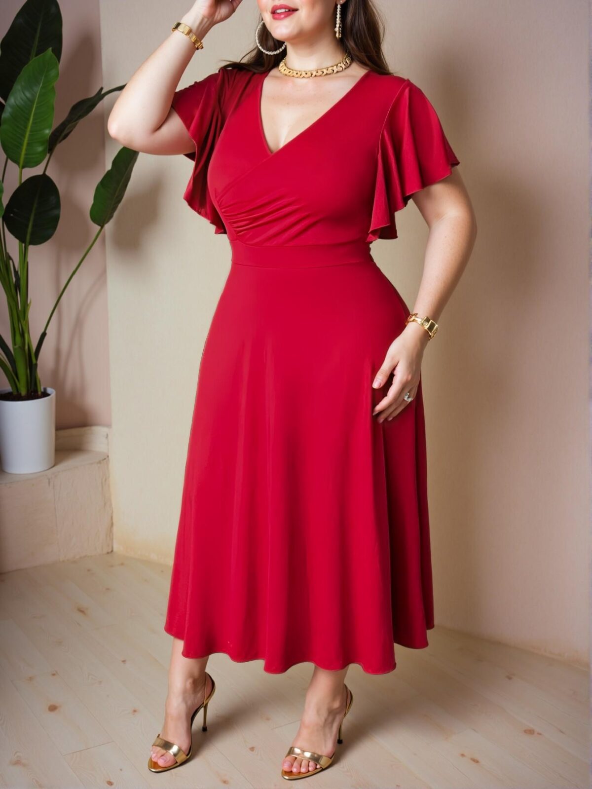 Elegant Red Flared A-Line Midi Dress with Cross Neckline and Ruffled Sleeves for Spring and Summer - Chic, Classy and Trendy Fashion Style to Dress to Impress - Image 5