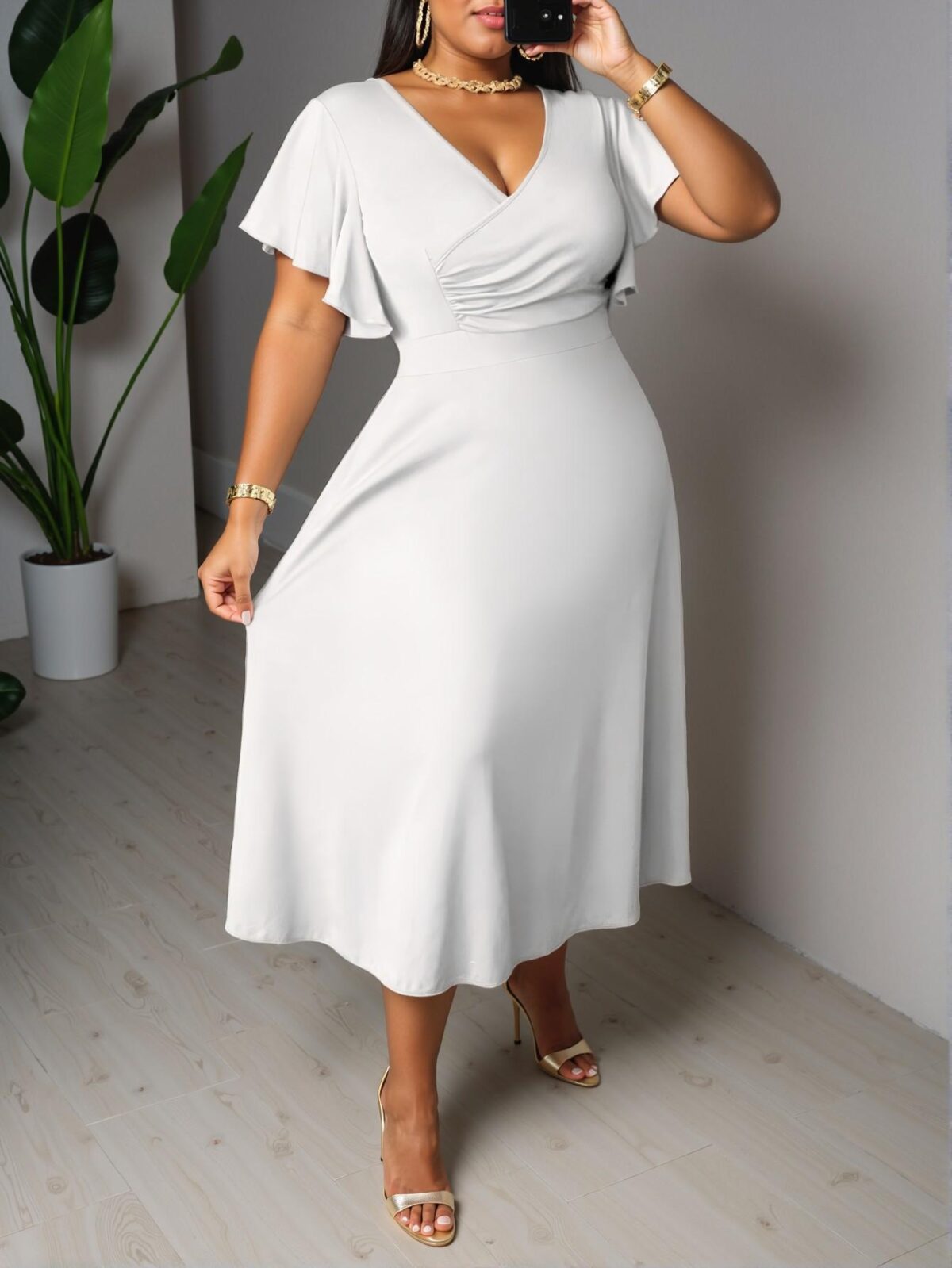 Elegant White Charming Fit & Flare Midi Dress with Cross Collar, Ruffled Sleeves, and Ruched Details for Celebrations and Everyday Wear, Perfect for Spring and Summer Graduation "Chic, Classy and Trendy Fashion Style to Dress to Impress"