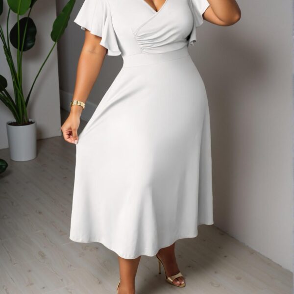 Elegant White Charming Fit & Flare Midi Dress with Cross Collar, Ruffled Sleeves, and Ruched Details for Celebrations and Everyday Wear, Perfect for Spring and Summer Graduation "Chic, Classy and Trendy Fashion Style to Dress to Impress"