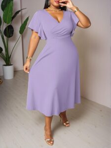 Elegant Mauve Purple A-Line Flared Dress with Cross V Neck, Ruched Details, and Ruffle Short Sleeves Perfect for Any Occasion - Chic, Classy and Trendy Fashion Style to Dress to Impress