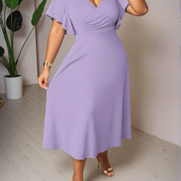 Elegant Mauve Purple A-Line Flared Dress with Cross V Neck, Ruched Details, and Ruffle Short Sleeves Perfect for Any Occasion - Chic, Classy and Trendy Fashion Style to Dress to Impress