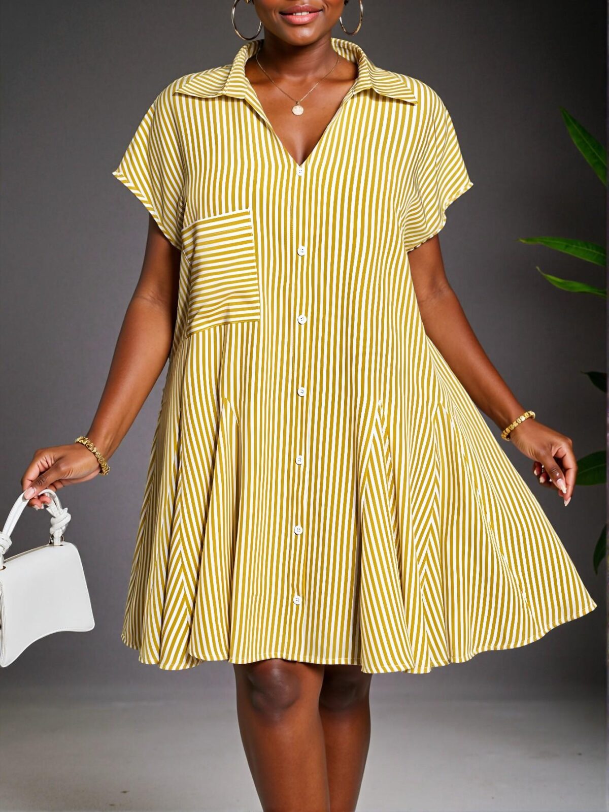 Elegant Yellow Casual Batwing Sleeve V-Neck Shirt Dress with Faux Front Pocket and Umbrella Hem Patchwork for Plus Size Spring/Summer Style "Chic, Classy and Trendy Fashion Style to Dress to Impress"