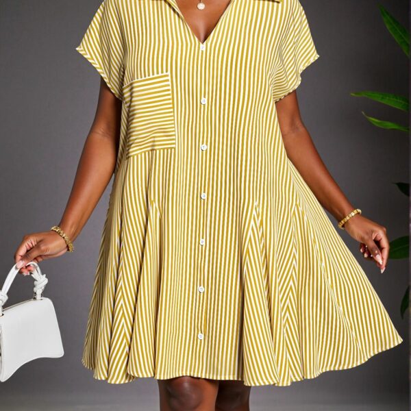 Elegant Yellow Casual Batwing Sleeve V-Neck Shirt Dress with Faux Front Pocket and Umbrella Hem Patchwork for Plus Size Spring/Summer Style "Chic, Classy and Trendy Fashion Style to Dress to Impress"