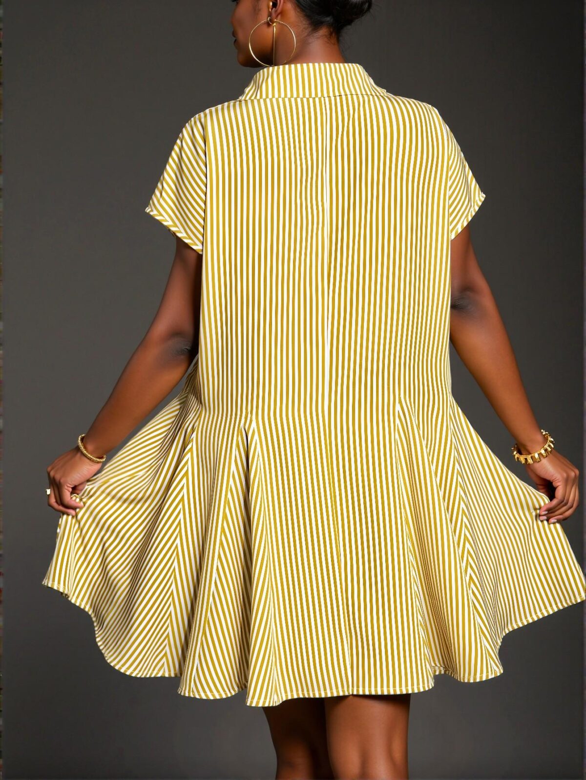 Elegant Yellow Casual Batwing Sleeve V-Neck Shirt Dress with Faux Front Pocket and Umbrella Hem Patchwork for Plus Size Spring/Summer Style "Chic, Classy and Trendy Fashion Style to Dress to Impress" - Image 2