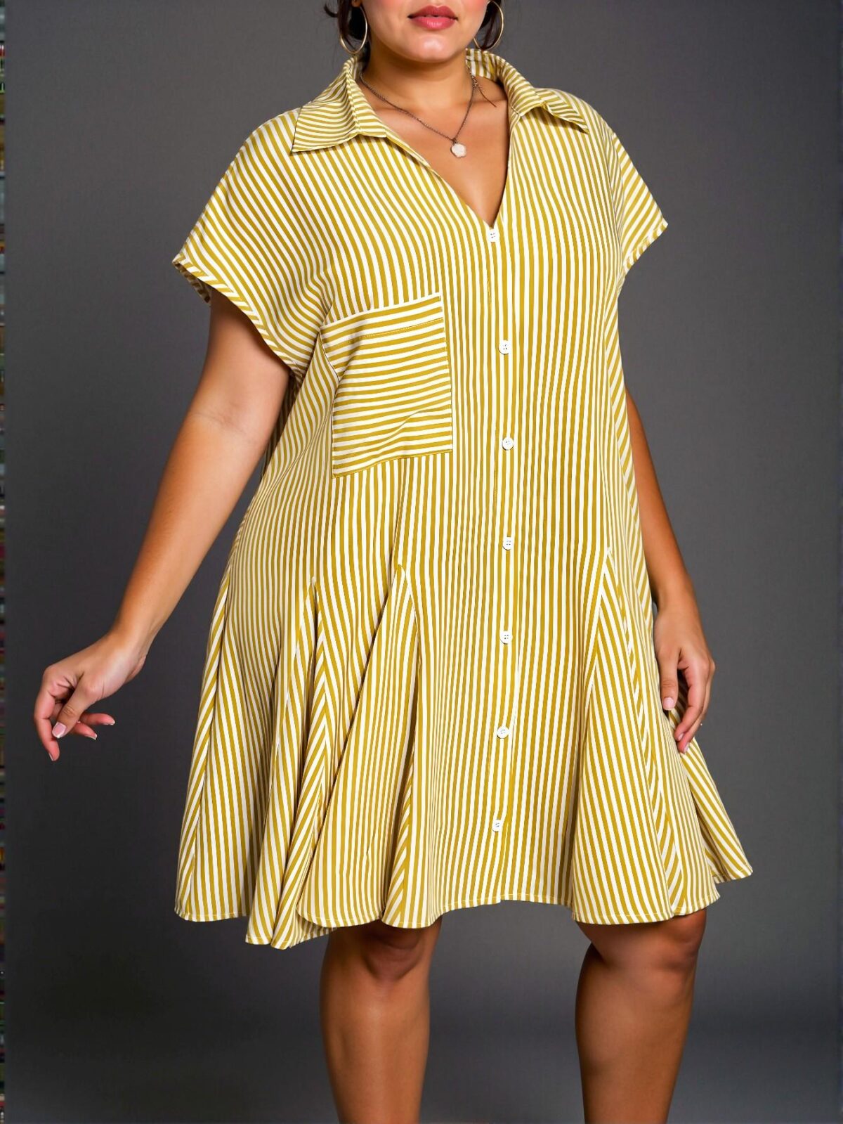 Elegant Yellow Casual Batwing Sleeve V-Neck Shirt Dress with Faux Front Pocket and Umbrella Hem Patchwork for Plus Size Spring/Summer Style "Chic, Classy and Trendy Fashion Style to Dress to Impress" - Image 3
