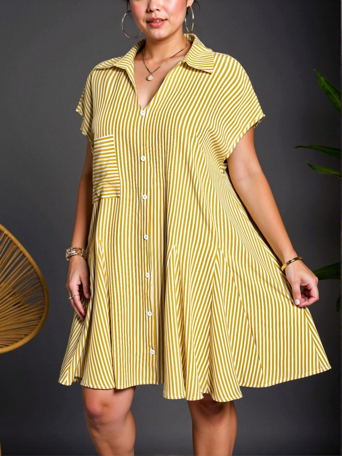 Elegant Yellow Casual Batwing Sleeve V-Neck Shirt Dress with Faux Front Pocket and Umbrella Hem Patchwork for Plus Size Spring/Summer Style "Chic, Classy and Trendy Fashion Style to Dress to Impress" - Image 4