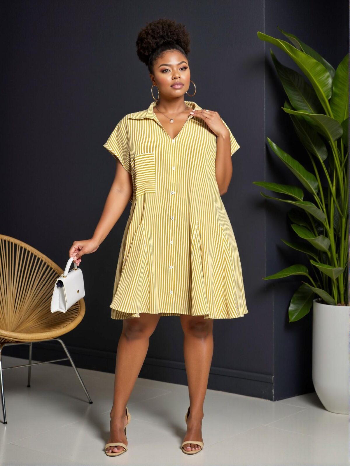 Elegant Yellow Casual Batwing Sleeve V-Neck Shirt Dress with Faux Front Pocket and Umbrella Hem Patchwork for Plus Size Spring/Summer Style "Chic, Classy and Trendy Fashion Style to Dress to Impress" - Image 5