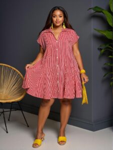 Elegant Red Stylish Loose Dolman Sleeve Shirt with V-Neck Mock Placket and Flared Hem, Featuring Striped Woven Fabric - Casual Mini Dress for Plus Size Women in Spring/Summer "Chic, Classy and Trendy Fashion Style to Dress to Impress"