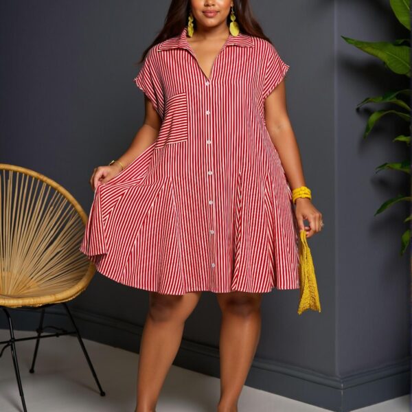 Elegant Red Stylish Loose Dolman Sleeve Shirt with V-Neck Mock Placket and Flared Hem, Featuring Striped Woven Fabric - Casual Mini Dress for Plus Size Women in Spring/Summer "Chic, Classy and Trendy Fashion Style to Dress to Impress"