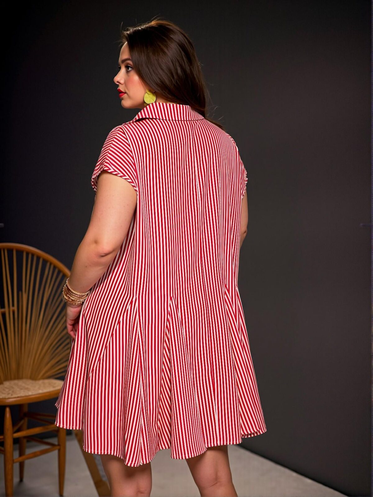 Elegant Red Stylish Loose Dolman Sleeve Shirt with V-Neck Mock Placket and Flared Hem, Featuring Striped Woven Fabric - Casual Mini Dress for Plus Size Women in Spring/Summer "Chic, Classy and Trendy Fashion Style to Dress to Impress" - Image 2