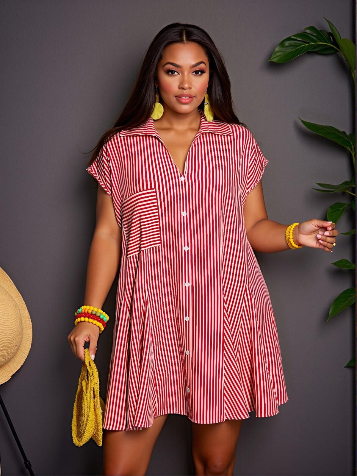 Elegant Red Stylish Loose Dolman Sleeve Shirt with V-Neck Mock Placket and Flared Hem, Featuring Striped Woven Fabric - Casual Mini Dress for Plus Size Women in Spring/Summer "Chic, Classy and Trendy Fashion Style to Dress to Impress" - Image 3