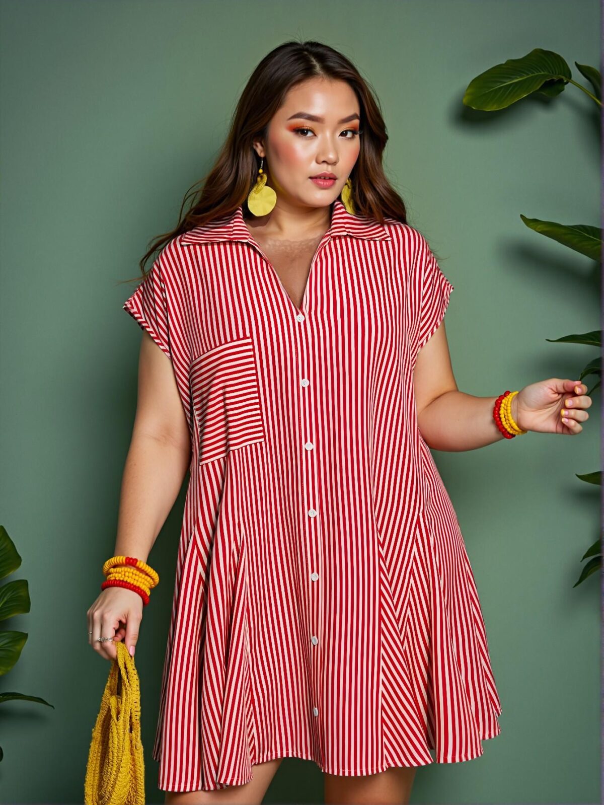 Elegant Red Stylish Loose Dolman Sleeve Shirt with V-Neck Mock Placket and Flared Hem, Featuring Striped Woven Fabric - Casual Mini Dress for Plus Size Women in Spring/Summer "Chic, Classy and Trendy Fashion Style to Dress to Impress" - Image 4