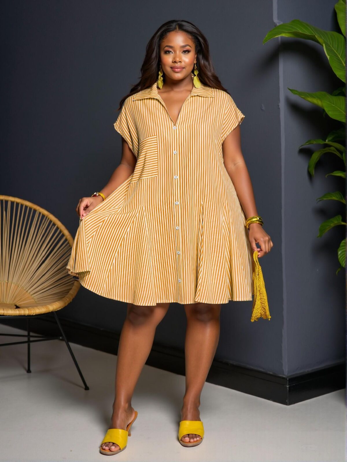 Elegant Orange Casual Summer Vacation Loose V-Neck Dolman Sleeve Shirt Dress with Pockets and Asymmetric Hem in Blue Stripes - Chic, Classy and Trendy Fashion Style to Dress to Impress