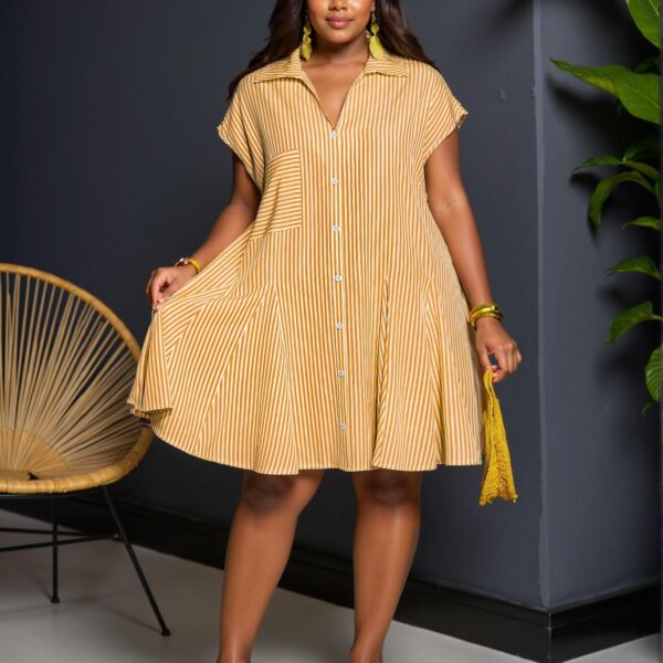 Elegant Orange Casual Summer Vacation Loose V-Neck Dolman Sleeve Shirt Dress with Pockets and Asymmetric Hem in Blue Stripes - Chic, Classy and Trendy Fashion Style to Dress to Impress