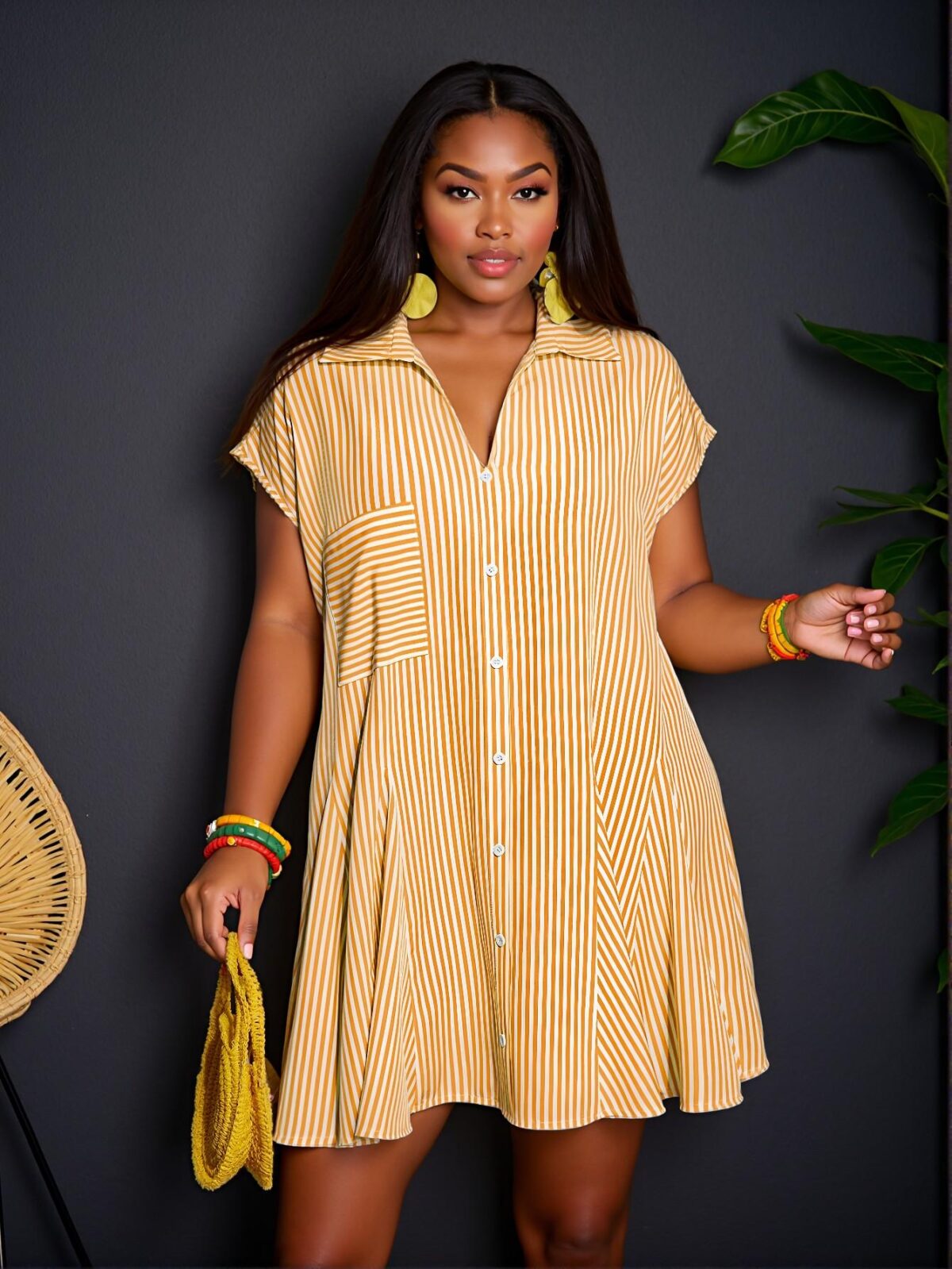 Elegant Orange Casual Summer Vacation Loose V-Neck Dolman Sleeve Shirt Dress with Pockets and Asymmetric Hem in Blue Stripes - Chic, Classy and Trendy Fashion Style to Dress to Impress - Image 3