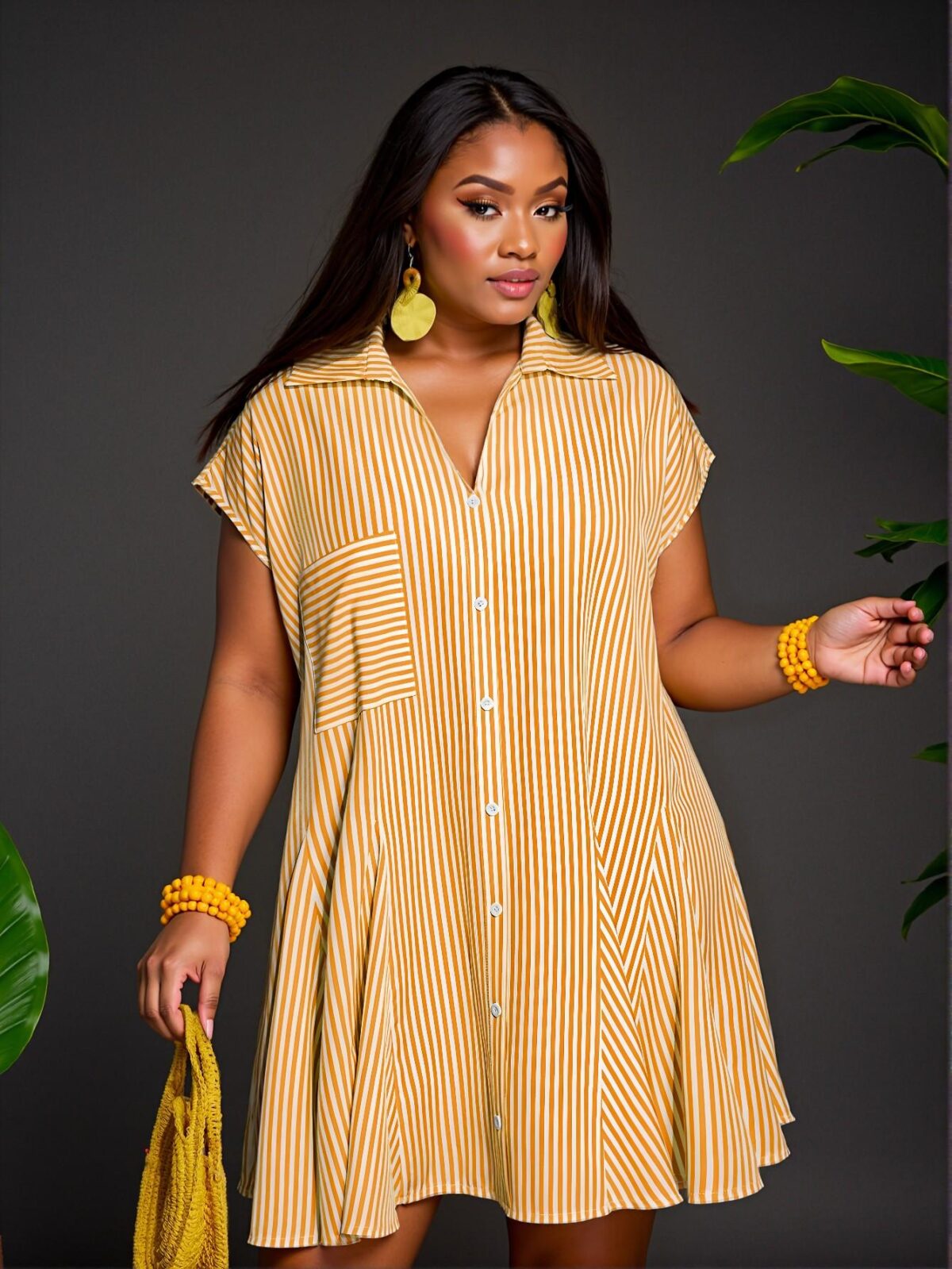 Elegant Orange Casual Summer Vacation Loose V-Neck Dolman Sleeve Shirt Dress with Pockets and Asymmetric Hem in Blue Stripes - Chic, Classy and Trendy Fashion Style to Dress to Impress - Image 4