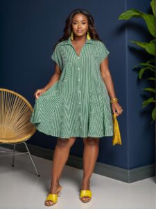 Elegant Green Relaxed Fit Tie Front Shirt Dress with Pockets and Flared Hem for Spring and Summer - Chic, Classy and Trendy Fashion Style to Dress to Impress