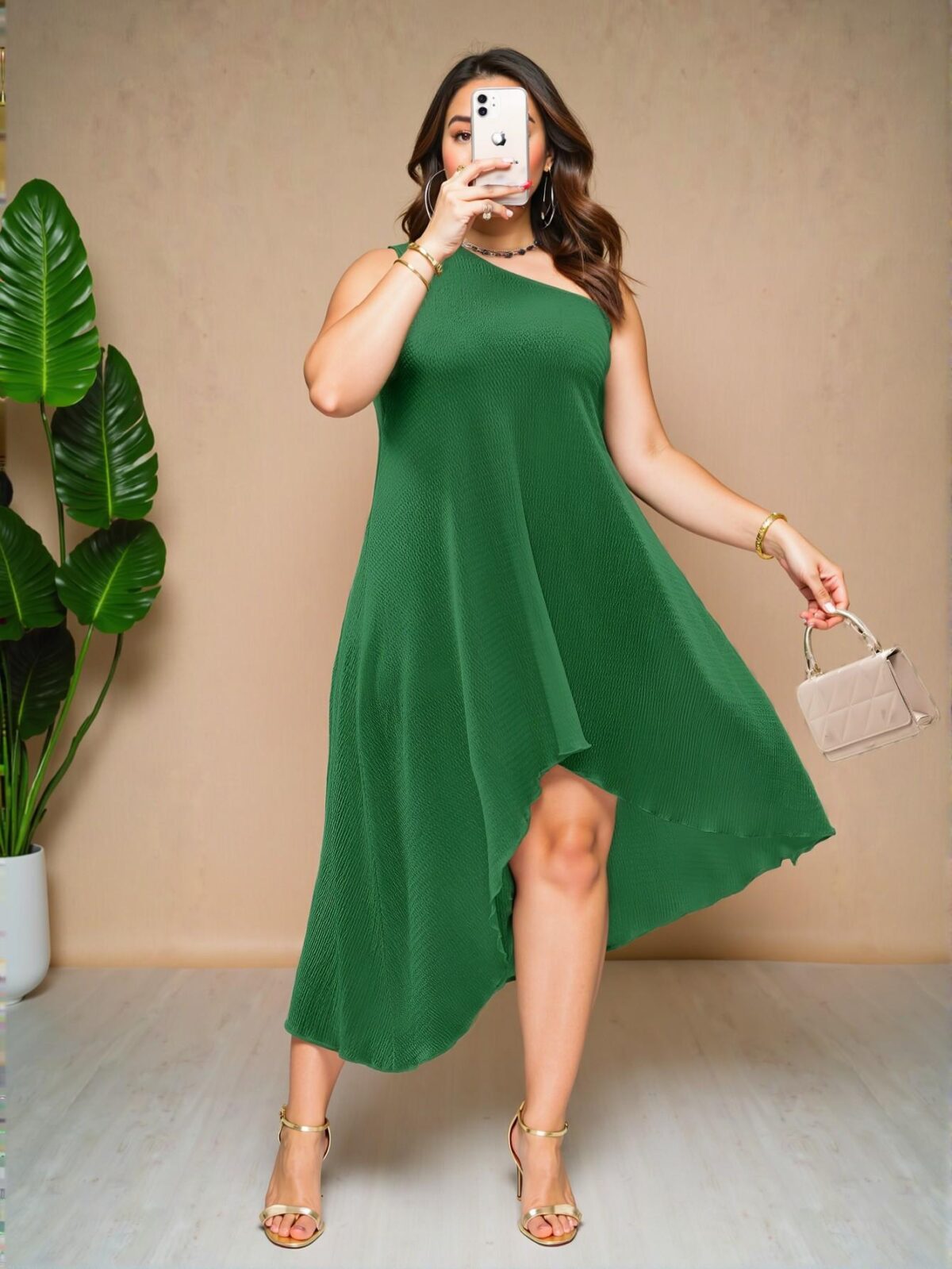 Elegant Green Asymmetrical Neck A-Line Dress for Effortless Style in Spring and Summer – Chic, Classy and Trendy Fashion Style to Dress to Impress