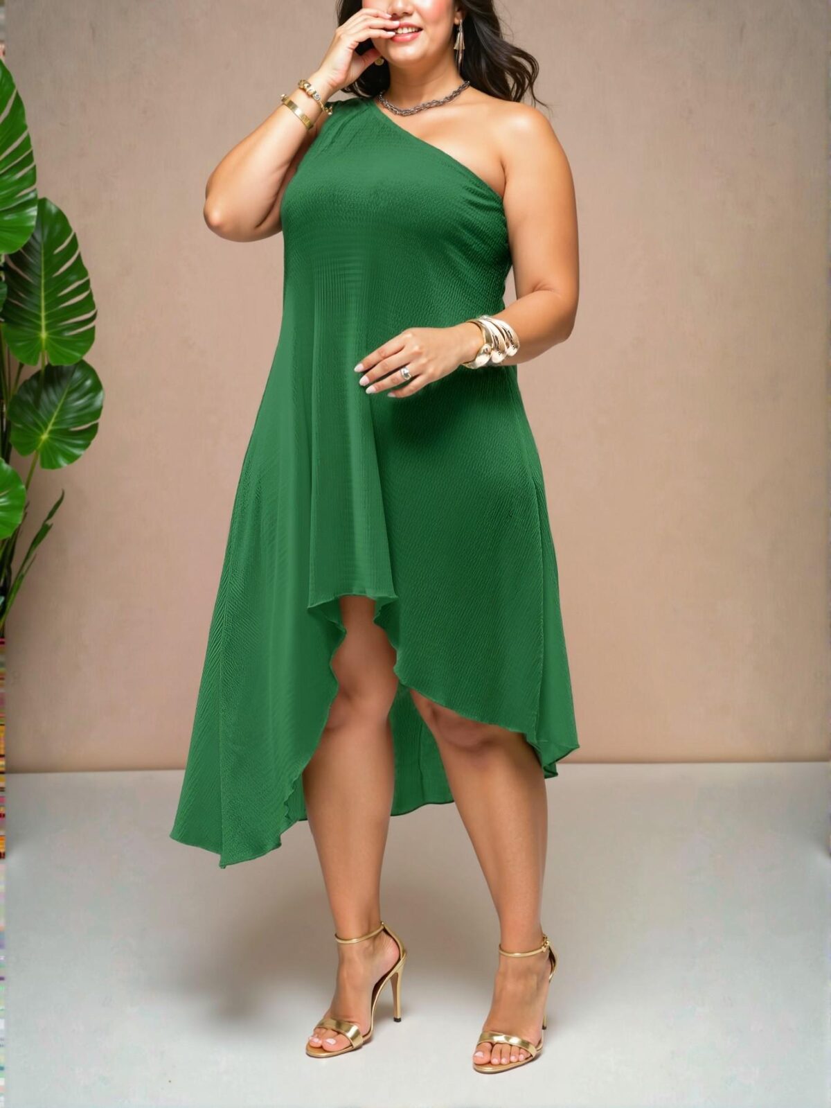 Elegant Green Asymmetrical Neck A-Line Dress for Effortless Style in Spring and Summer – Chic, Classy and Trendy Fashion Style to Dress to Impress - Image 3
